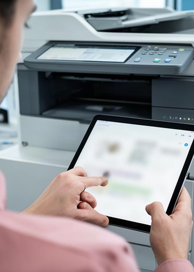Technician documenting printer settings on a tablet beside a networked office printer