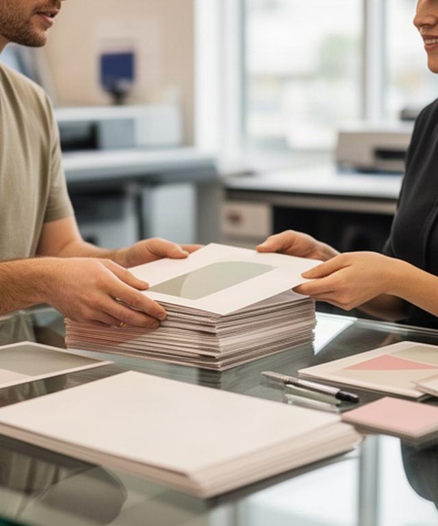 Customer and print specialist reviewing a stack of finished pages across a glass-topped consultation table