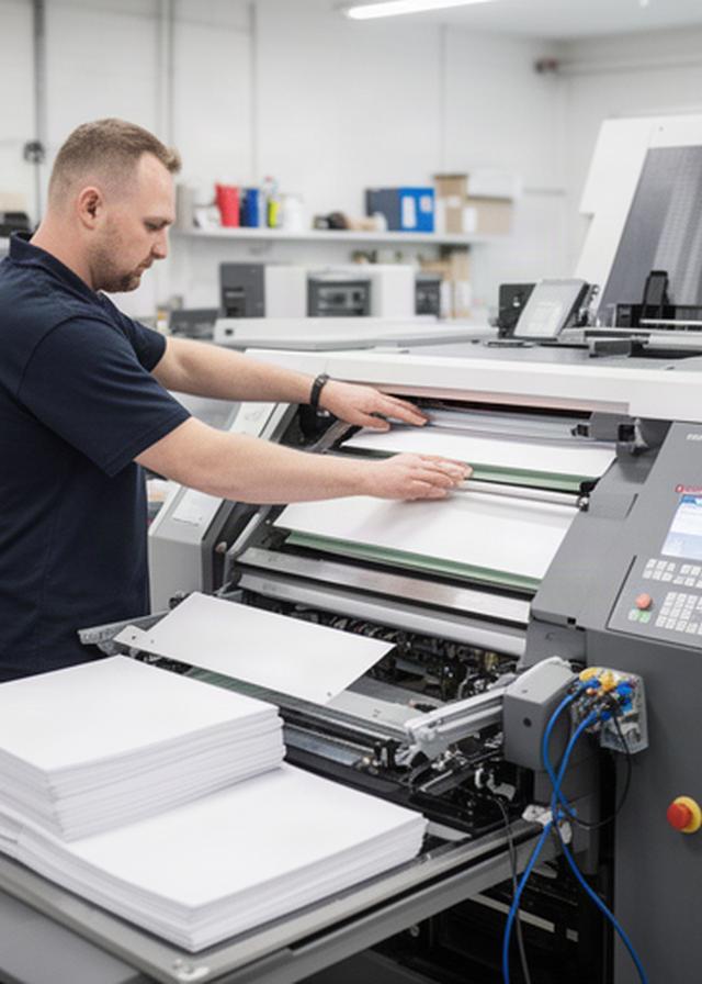 Print technician checking paper alignment and control settings on a production printer in a workshop