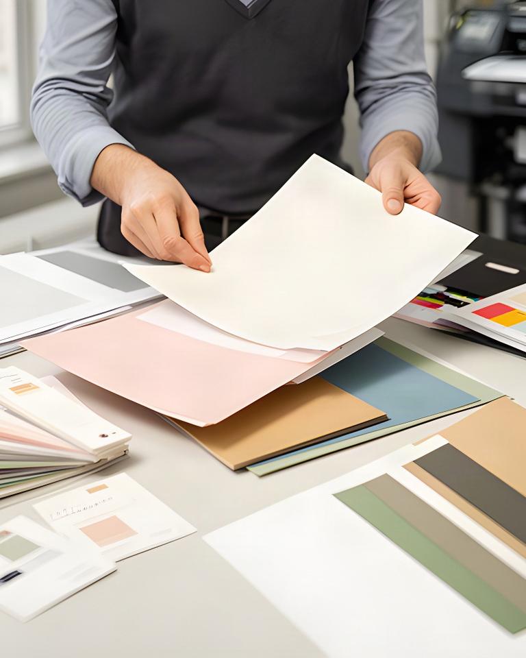 Print consultant comparing a proof and paper swatches while preparing a customer order