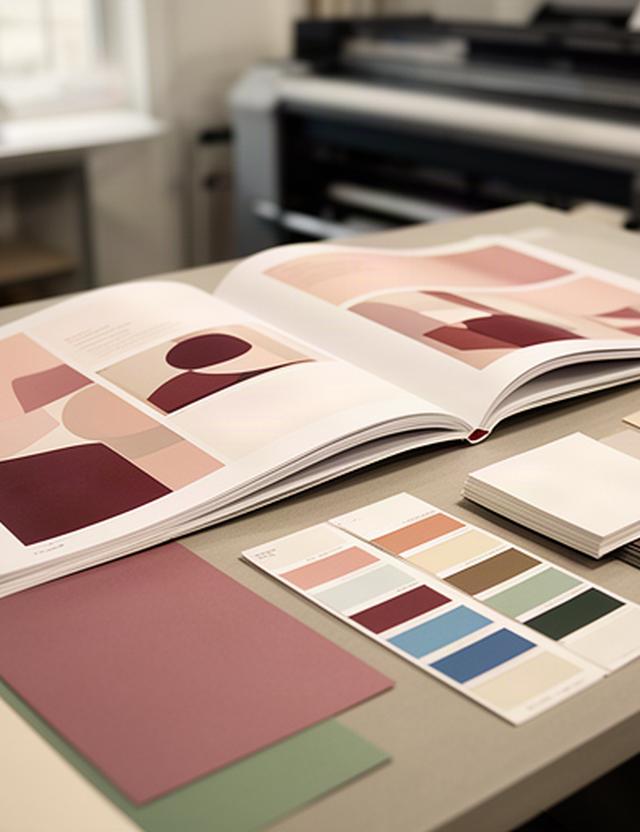 Glossy product catalog opened on a print studio table beside color swatches