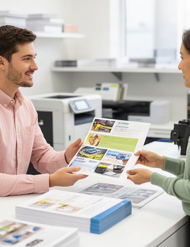 Printer specialist discussing a finished color brochure with a customer at a bright print counter