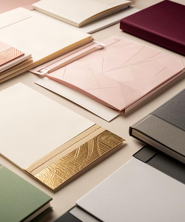 Printed stationery samples showing matte lamination, foil stamping, embossing, and binding